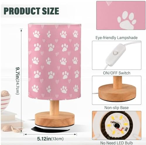Cute Dog Cat Paw Prints and Hearts Pink Bedside Table Lamps with USB Port for Bedroom Lamp Table Lamp Small Nightstand Lamp Linen Shade Wooden Base Decorative Lamps for Kids|Reading|Dorm|Home - Image 4