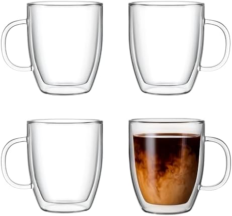 Lucco Double Walled Glass Coffee Mugs (Set of 4) - 12 oz Borosilicate Cups for Hot or Cold Drinks, Insulated Latte, Tea & Espresso Cups by Unknown