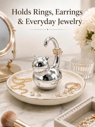 Cat Ring Holder Jewelry Dish–White & Silver Fat Cat Ceramic Trinket Tray,Birthday,Wedding,Graduation Gift for Women & Girls,Rings Earrings Necklaces Bracelets–Vanity,Nightstand,Dresser,Bathroom - Image 3