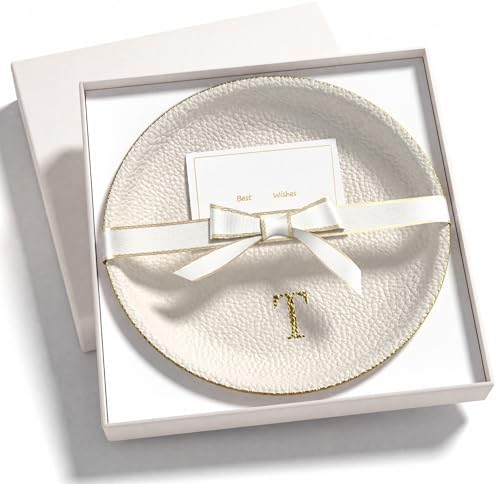 Initial Jewelry Dish for Women, Shatterproof Vegan Leather Ring Holder with Stainless Steel Core, Personalized Monogram Trinket Tray, Birthday Bridesmaid Gift with Box (Cream Letter T) by AUTYANL