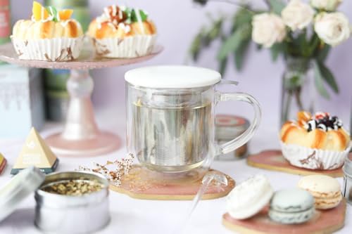 Teabloom Tea-For-One Steeping Mug – Insulated Double Wall Glass Mug (12 oz), Stainless Steel Infuser, Porcelain Lid/Coaster – Radiance Brewing Mug - Image 2