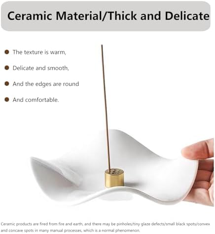 6.7 "Ceramic Incense Burner for Incense/Coil,Wavy Base with Brass -Incense Holder for Sticks,with Ash Catching Bowl for Meditation Yoga and Home Decoration (White) - Image 5