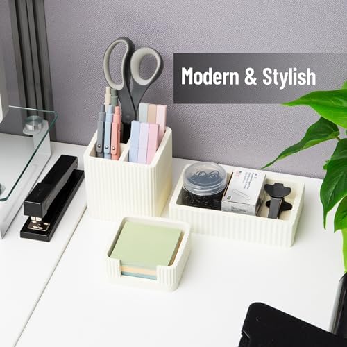 Mind Reader 3-Piece Cement Desk Organizer Set, Desktop Accessory Kit with Pen Cup, Sticky Note Holder, Catch-All Tray, Modern Office Decor, Cement, Cream - Image 6