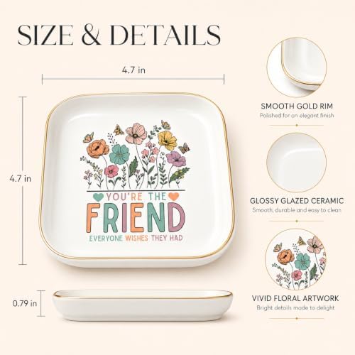 Best Friend Birthday Gifts for Women, Ceramic Wildflowers Jewelry Dish - Image 4