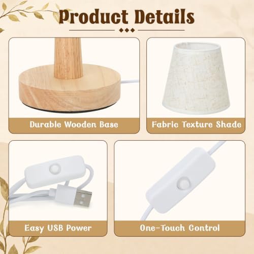 Gerrii 4 Pack Small Bedside Table Lamps, Linen Shade, Wood Base, USB Plug - Image 3