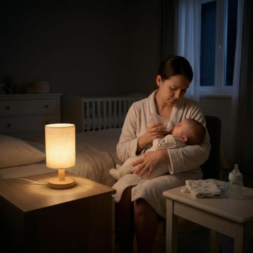 Small Bedside Table Lamp,USB Powered,Wood Base & Fabric Shade, Warm Light - Image 6