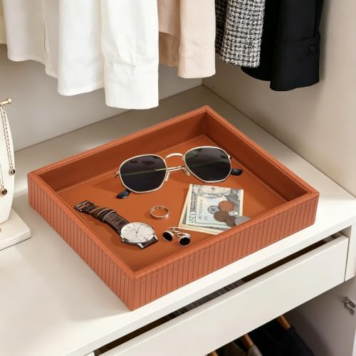HofferRuffer Faux Leather Vanity Tray, Elegant Desktop Storage Organizer, Decorative Catchall for Perfume, Bathroom Valet, Nightstand or Dresser, 10.2 x 8.4 x 1.8 inches (Brown Stripe) - Image 5