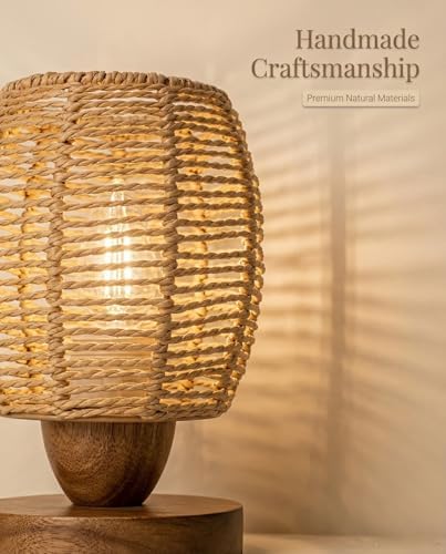 Rattan Table Lamp,Boho Small Beside Lamp,Farmhouse Table Lamp for Room Decor,Vintage Wicker Wooden Nightstand Bamboo Woven End Table Lamps for Bedroom Living Room Desk Kids Room,LED Bulb Included - Image 3