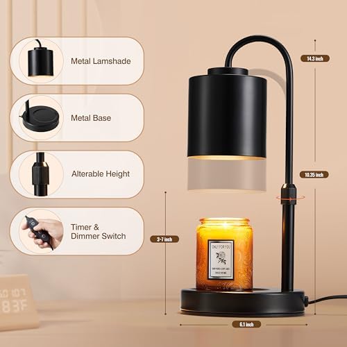 CASTLELIFE Candle Warmer Lamp with Timer & Dimmer, Height Adjustable Electric Wax Melt Warmer for Jar Candles, Gifts for Mom Home Decor, Black - Image 2