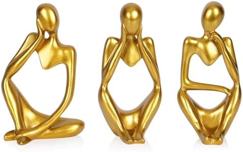 Sandstone Resin Thinker Statue Style Abstract Sculpture, Gold, 3pcs by Ozzptuu