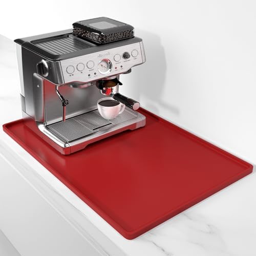 Rnivvi Silicone Coffee Mat, 16" x 24" Waterproof Raised Edge Coffee Bar Mats for Espresso Machine Station Accessories, Heat Resistant Dish Drying Pad for Kitchen Counter, Rubber Bar Decor Pad, Red by Rnivvi