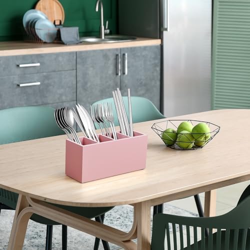 Bivvclaz Pencil Pen Holder for Desk, Wooden Office Desk Organizers and Accessories with 4 Slots for Countertop, Makeup Brush Holder Organizer for Bathroom Vanity, Silverware Caddy for Party, Pink - Image 6