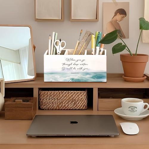 Christian Pen Holder, Christian Gifts for Women Pencil Holder for Desk, Beach Office Decor, Religious Bible Verse Coastal Ocean Wooden Box Sign Decorations for Home Office Desk Tabletop - Image 3