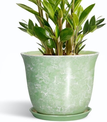 Ceramic Pots for Plants - 10 Inch Plant Pot for Indoor Outdoor, Round Planter with Drainage Hole and Saucer, Decorative Plant Pots, Modern Flower Pot, Home Porch Decor, Garden Gifts, Green by SUNPOTFOR