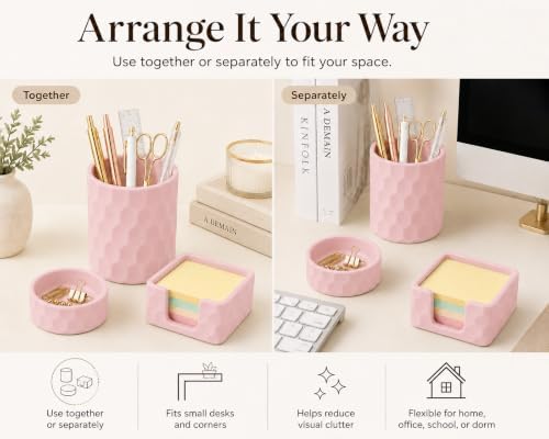 Aesthetic Geometric Silicone Desk Organizer Set of 3,Modern Office Desk Accessories with Round Pen Holder,Paperclip Tray,Sticky Note Holder,Stylish Functional Desk Decor for Home Office(Pink) - Image 3