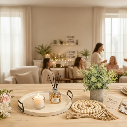 Novabright 12.6 Inch Large Round Decorative Tray with Bead Garland and Eucalyptus Potted Plants, Boho Whitewashed Farmhouse Coffee Table Centerpiece Vintage Wooden Tray for Living Room, Kitchen - Image 5