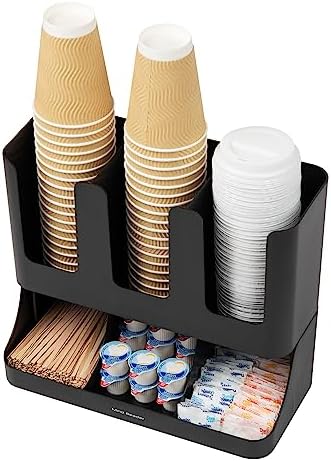 Mind Reader Condiment Station, 13 Inch Countertop Coffee Bar Organizer with 6 Compartments, Storage Caddy for Cups, Lids and Packets, Plastic, Black - Image 5