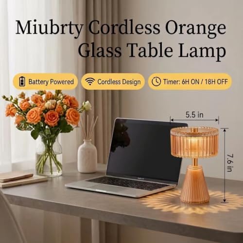 Cordless Glass Table Lamp - Small Battery Operated Lamp with 6H Timer, Vintage Fluted LED Battery Powered Lamps, Amber Glam Accent Nightstand Light for Bedroom, Bathroom, Patio (Amber+Small - Image 2