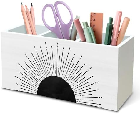DILSJ Boho Abstract Sunshine Pen Pencil Holder Organizer for Desk, Boho Office Decor, Black and White Mid Century Modern Minimalist Sunshine Wooden Box Signs for Home Office Desk Tabletop Decoration by DILSJ