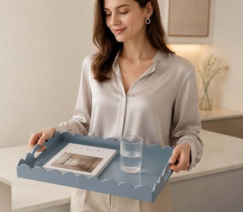 Gesodant Scalloped Glossy Plastic Lacquer Decorative Tray, 15.7 x 11.8 Inch Rectangle Serving Tray with Handles for Coffee Table, Ottoman, Bedroom Vanity, Living Room Centerpiece (Dusty Blue) - Image 7
