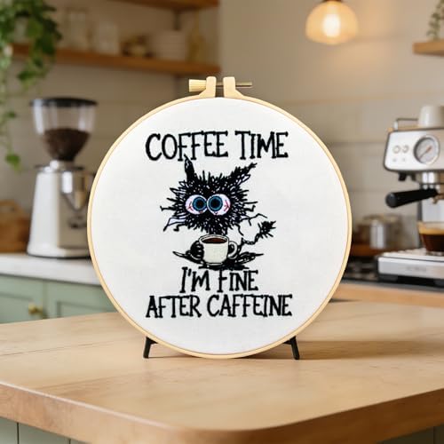 Cute Cat Embroidery Kits for Beginners Adults, Coffee Hand Embroidery Starter Kit, Stamped Cross Stitch Kits for Beginners Adult Craft Kit for Women, Entire Set of Embroidery Supplies & Video Tutorial - Image 2
