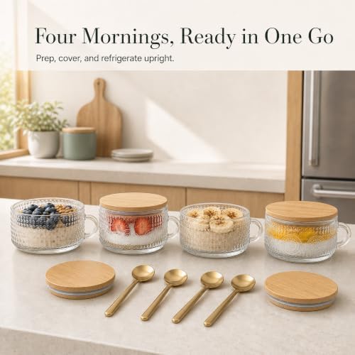 JBHO Vintage Glass 14OZ Coffee Mugs 4pcs Clear Embossed Glass Cups with Bamboo Lids and Spoons Gifts for Women Overnight Containers for Tea,Cereal,Cappuccino, Latte - Image 6