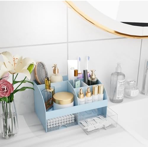 Makeup Organizer with Drawers, Cosmetic Storage for Dresser Vanity and Bathroom Countertop, Beauty Holder for Lipstick Brush, Skincare Organizer for Vanity, Cosmetic Display Case (Blue) - Image 5