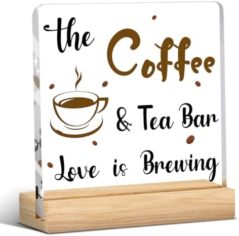 Coffee Bar Decor Sign, Coffees Nook Decoration, Cafe Station Accessories, Coffee & Tea Bar Love is Brewing, Funny Acrylic Gift Wood Plaque with Stand Office Farmhouse Kitchen Decor 4"x4" by Unknown