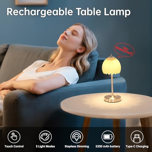 Shenmoyl Tulip Table Lamp with 5200mAh Battery & Touch Control, Cordless Small Table Lamp with 3 Colors, Dimmable Rechargeable Table Lamps for Living Room, Bedroom, Desk, Bedside (Creamy Yellow Tulip) - Image 3