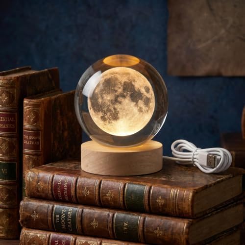 VICASKY 3D Engraved Moon Lamp with USB Wooden Base, Crystal Ball Moon Night Light Decorative Night Lamp Birthday Gifts for Kids Room Nursery Decor - Image 7