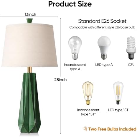 WIHTU 27" Resin Table Lamp Set of 2, Green Desk Lamp, Beside Lamp for Decor - Image 5