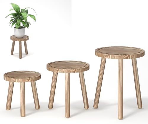 3-Pack Wood Plant Stands Indoor, Single Plant Stand for 6-12 Inch Pots, Mid-Century Modern Plant Stool, Tall Plant Stand for Large Plants for Living Room, Balcony, Office (Light Brown by Unknown