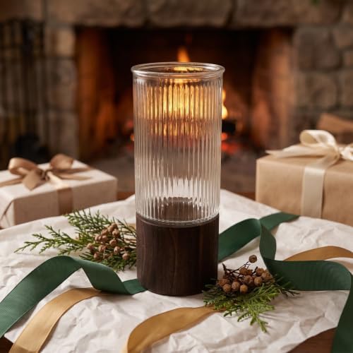 Glass Tube Vase with Wood Stand Rustic Striped Cylinder - Image 5