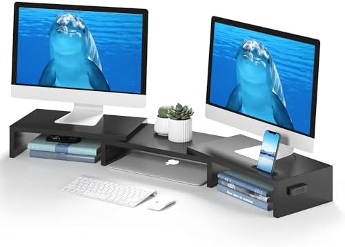 BONTEC Dual Monitor Stand Riser, Adjustable Length & Swivel Angle, Black by BONTEC