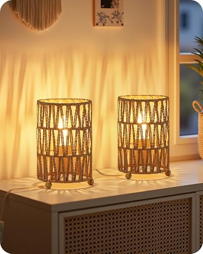 Small Rattan Table Lamps Set of 2, Boho Bedside Lamps Plug in, Handwoven Paper Rattan Lampshade, 2400K LED Bulb Included, Desk Lamp, Nightstand Lamp for Bedroom, Living Room, Mesh H11TLP205 by GOEBLESON