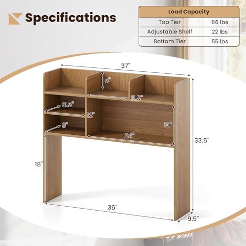 Giantex Desktop Bookshelf, 37" Desk Hutch Dorm for Computer Up to 32 Inch, Countertop Hutch w/6 Storage Shelves, 3-Tier Desktop Organizer Display Rack, Wood Desk Shelf for Home Office (Natural) - Image 3
