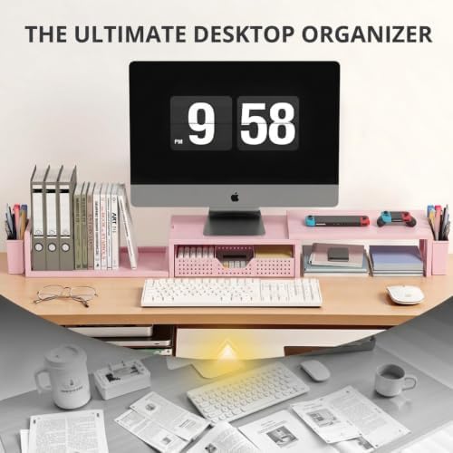 OPNICE Desk Organizers and Accessories, Dual Monitor Stand Riser with Drawer and 2 Pen Holders, Desk Shelf Printer Stand for Office Workspace Organizers, Desktop Organization (Light Pink) - Image 4