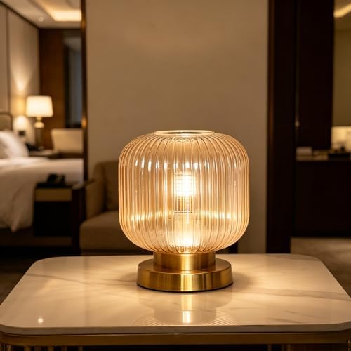 Mid Century Modern Table Lamp, Amber Ribbed Glass Nightstand Light with Gold Base, Vintage Decorative Desk Lamp for Bedroom Living Room Study by RaGiBow