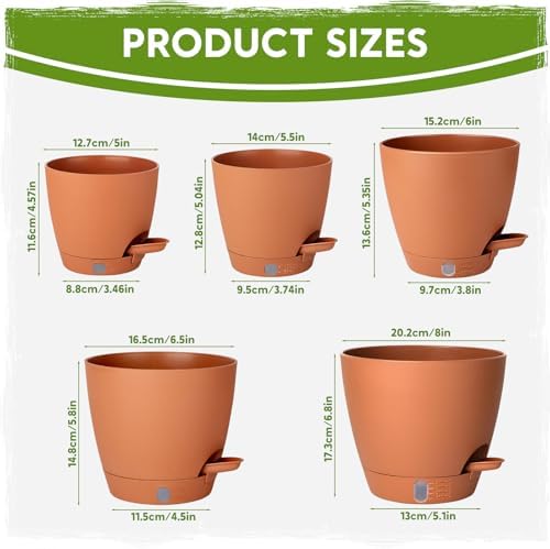 Self Watering Pots for Indoor Plants (5/5.5/6/6.5/8 Inch), Terra Cotta Planters with Water Level Indicator & Drainage,Wicking Pots for Monstera, Herbs & Snake Plant (Terra Cotta, 5/5.5/6/6.5/8 Inch) - Image 2