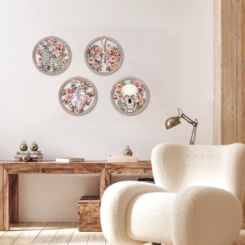 HPNIUB Medical Human Anatomy Wall Decor, Farmhouse Medical Anatomical Hanging Wooden Wall Art, 4 Pieces 9.84''x9.84'' Pink Floral Heart Skull Anatomy Wood Sign for Nursing Doctor Room Living Room - Image 3