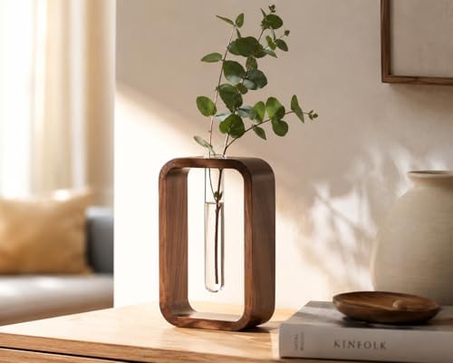 Modern Wooden Frame Glass Vase Hydroponic Planter – Minimalist Square Propagation Station with Test Tube Vase – Indoor Plant Terrarium for Flower, Cuttings & Home Office Decor - Image 6