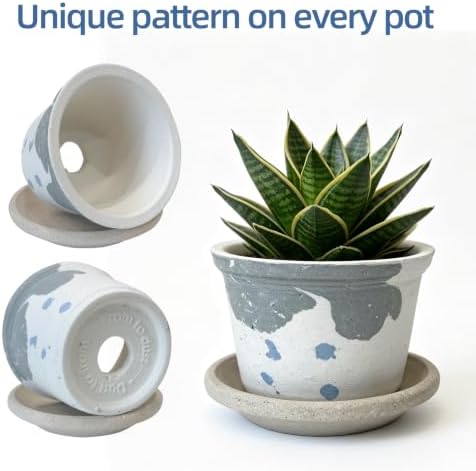 2.6 Inch Mini Ceramic Planter Pot with Drainage Hole and Saucer, Round Flower Pot for Indoor Plants, Cactus Herbs Windowsill Decor(White&Grey) - Image 2