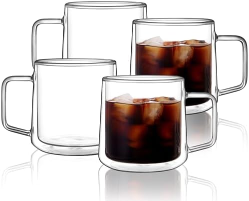 CNGLASS 15oz(4-pack) Double Walled Glass Coffee Mugs,Large Insulated Glass Mugs with Handle,Clear Coffee Cups for Espresso,Latte,Cappuccino,Tea by CNGLASS