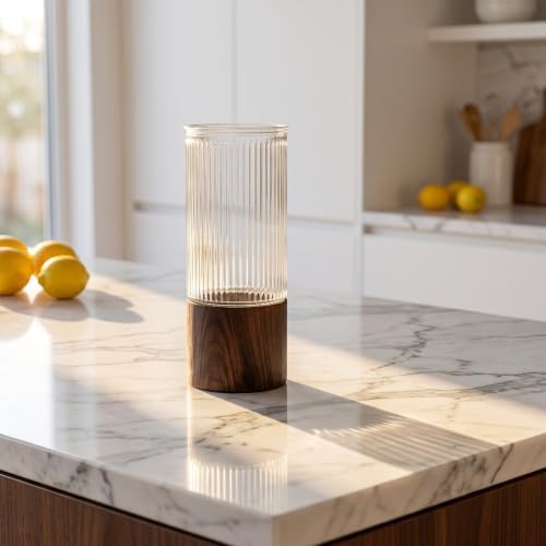 UKCOCO Glass Vase with Wood Stand, Rustic Striped Cylinder for Home Decor - Image 4