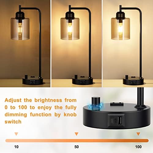 Innqoo Industrial Small Desk Lamp for Nightstand - Amber Clear Glass Shade Table Lamp with USB C Port, Fully Dimmable Black Bedside Lamp with USB Port and Outlet, Bedroom Lamp for Reading Office - Image 2