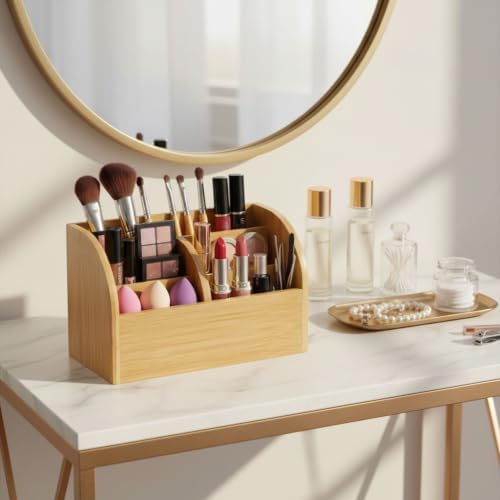 OSCO Bamboo Organiser | 6 Compartments | Office Tidy | Stationery Storage | Pen Holder | Makeup sorter | Cosmetics Display | H14.3 x W23.3 x D10.3 cm | - Image 3