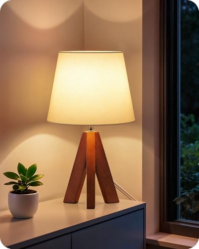 Tripod Table Lamp, Small Bedside Lamp with White Fabric Shade & Dark Wood Base, Modern Nightstand Lamp, Little Cute Desk Lamp for Bedroom, Kids Room, Living Room, Office, Study, LW51TL05 by GOEBLESON