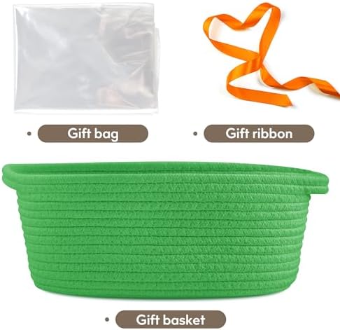 Pro Goleem Small Woven Basket with Gift Bags and Ribbons Durable Baskets for Gifts Empty Small Rope Basket for Storage 12"X 8" X 5" Baby Toy Basket with Handles, Grass Green - Image 4