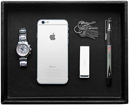 HofferRuffer Faux Leather Vanity Tray, Elegant Desktop Storage Organizer, Decorative Catchall for Perfume, Bathroom Valet, Nightstand or Dresser, Black, 10.2 x 8.4 x 1.8 Inches by HofferRuffer