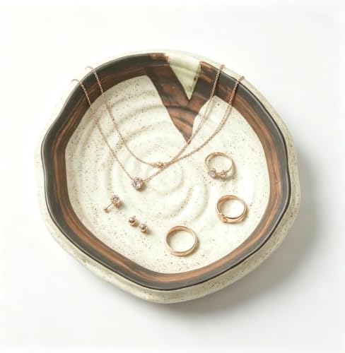 Ceramic Jewelry Dish, Speckled Volcano Glaze Trinket Tray, 4 Footed Rustic Ring Holder, Shallow Jewelry Organizer for Vanity Nightstand, Boho Minimalist Decorative Bowl for Rings Earrings Necklaces - Image 6